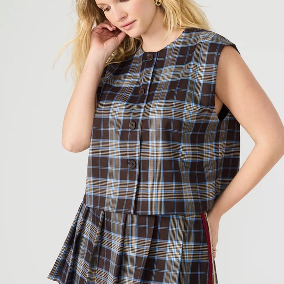 NWT (Size M) Steve Madden ALESSA TOP BROWN PLAID - Picture 2 of 9